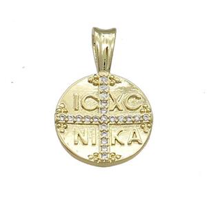 Christogram ICXC NIKA Jesus Orthodox Copper Circle Cross Pave Zircon Gold Plated, approx 15mm