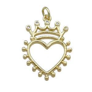 Copper Crown Pendant Pave Zircon Heart Gold Plated, approx 18-23mm