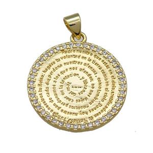 Copper Circle Prayer Pendant Pave Zircon Religious Gold Plated, approx 22mm