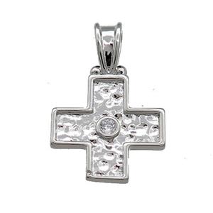 Copper Cross Pendant Pave Zircon Hammered Platinum Plated, approx 16-24mm