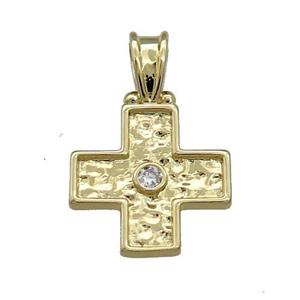 Copper Cross Pendant Pave Zircon Hammered Gold Plated, approx 16-24mm