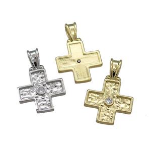 Copper Cross Pendant Pave Zircon Hammered Mixed, approx 16-24mm