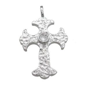 Copper Cross Pendant Pave Zircon Hammered Platinum Plated, approx 25-35mm