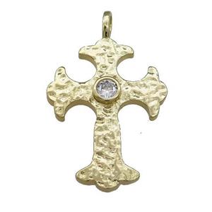 Copper Cross Pendant Pave Zircon Hammered Gold Plated, approx 25-35mm