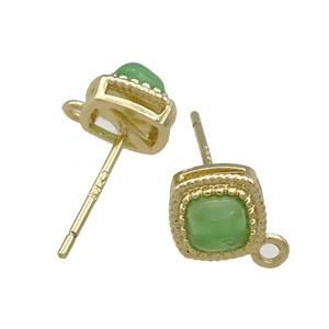 Copper Stud Earrings Pave Green Jade Gold Plated, approx 7.5mm
