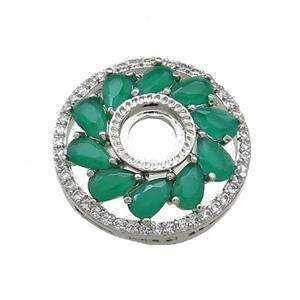 Copper Flower Pendant Pave Green Crystal Glass Zircon With Pad Circle Platinum Plated, approx 19.5mm