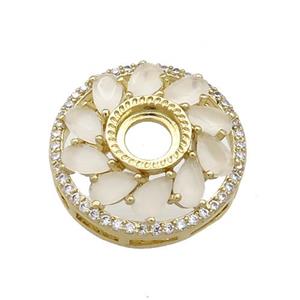 Copper Flower Pendant Pave White Crystal Glass Zircon With Pad Circle Gold Plated, approx 19.5mm