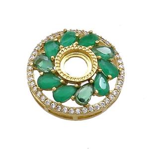 Copper Flower Pendant Pave Green Crystal Glass Zircon With Pad Circle Gold Plated, approx 19.5mm