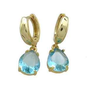 Copper Hoop Earrings Pave Aqua Crystal Glass Teardrop Gold Plated, approx 10-12mm, 15mm dia