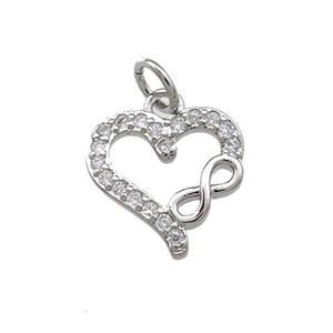Copper Heart Pendant Pave Zircon Infinity Platinum Plated, approx 12mm