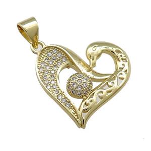 Copper Heart Pendant Pave Zircon Swan Gold Plated, approx 18-20mm