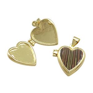 Copper Locket Pendant Pave Synthetic Malachite Heart Gold Plated, approx 15mm