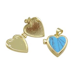 Copper Locket Pendant Pave Blue Turquoise Heart Gold Plated, approx 15mm
