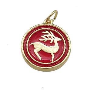 Christmas Reindeer Charms Copper Pendant Circle Red Enamel Gold Plated, approx 15mm