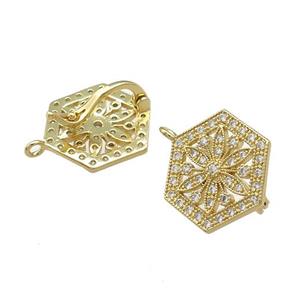 Copper Clasp Pave Zircon Hexagon Gold Plated, approx 15-17mm