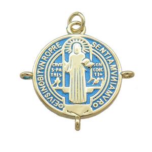 Copper Jesus Pendant Religious Medal Charms Blue Painted Circle Gold Plated, approx 19mm