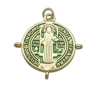Copper Jesus Pendant Religious Medal Charms Green Painted Circle Gold Plated, approx 19mm