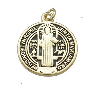 Copper Jesus Pendant Religious Medal Charms Black Painted Circle Gold Plated, approx 19mm