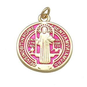 Copper Jesus Pendant Religious Medal Charms Pink Painted Circle Gold Plated, approx 19mm