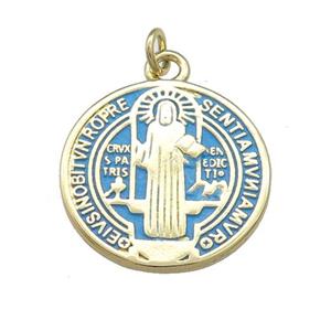 Copper Jesus Pendant Religious Medal Charms Blue Painted Circle Gold Plated, approx 19mm
