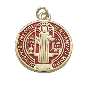 Copper Jesus Pendant Religious Medal Charms Red Painted Circle Gold Plated, approx 19mm