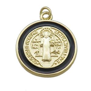 Copper Jesus Pendant Religious Medal Charms Black Enamel Circle Gold Plated, approx 20mm