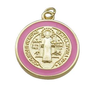 Copper Jesus Pendant Religious Medal Charms Pink Enamel Circle Gold Plated, approx 20mm