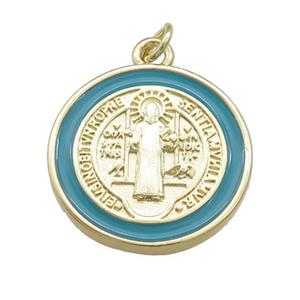 Copper Jesus Pendant Religious Medal Charms Green Enamel Circle Gold Plated, approx 20mm