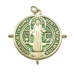 Copper Jesus Pendant Religious Medal Charms Green Painted Circle Gold Plated, approx 25mm