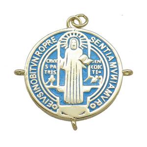 Copper Jesus Pendant Religious Medal Charms Blue Painted Circle Gold Plated, approx 25mm