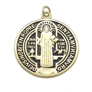 Copper Jesus Pendant Religious Medal Charms Black Painted Circle Gold Plated, approx 25mm