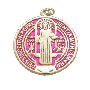 Copper Jesus Pendant Religious Medal Charms Pink Painted Circle Gold Plated, approx 25mm
