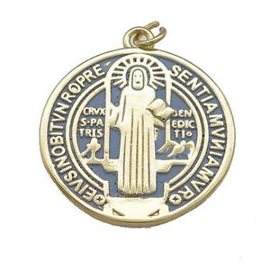Copper Jesus Pendant Religious Medal Charms Gray Painted Circle Gold Plated, approx 25mm