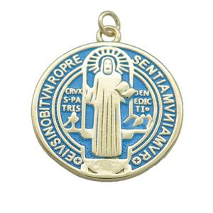 Copper Jesus Pendant Religious Medal Charms Blue Painted Circle Gold Plated, approx 25mm