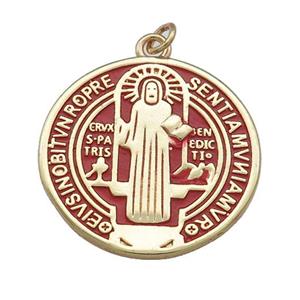 Copper Jesus Pendant Religious Medal Charms Red Painted Circle Gold Plated, approx 25mm