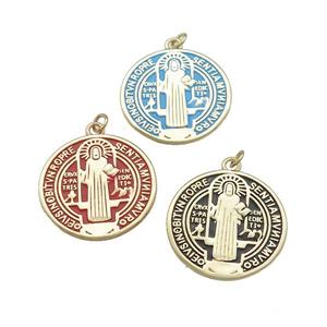 Copper Jesus Pendant Religious Medal Charms Painted Circle Gold Plated Mixed, approx 25mm