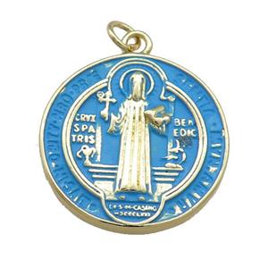 Copper Jesus Pendant Religious Medal Charms Blue Painted Circle Gold Plated, approx 23mm