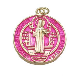 Copper Jesus Pendant Religious Medal Charms HotPink Painted Circle Gold Plated, approx 23mm