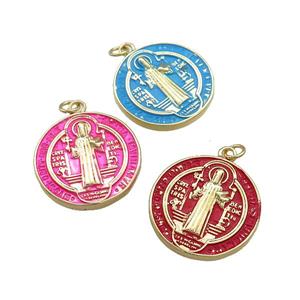 Copper Jesus Pendant Religious Medal Charms Painted Circle Gold Plated Mixed, approx 23mm
