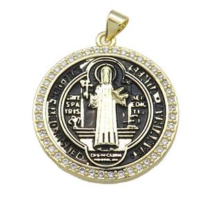 Copper Jesus Pendant Pave Zircon Religious Medal Charms Black Painted Circle Gold Plated, approx 27mm