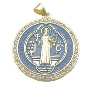 Copper Jesus Pendant Pave Zircon Religious Medal Charms GrayBlue Painted Circle Gold Plated, approx 27mm