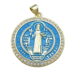 Copper Jesus Pendant Pave Zircon Religious Medal Charms Blue Painted Circle Gold Plated, approx 27mm