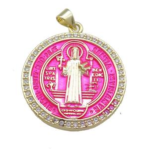 Copper Jesus Pendant Pave Zircon Religious Medal Charms Hotpink Painted Circle Gold Plated, approx 27mm