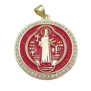 Copper Jesus Pendant Pave Zircon Religious Medal Charms Red Painted Circle Gold Plated, approx 27mm