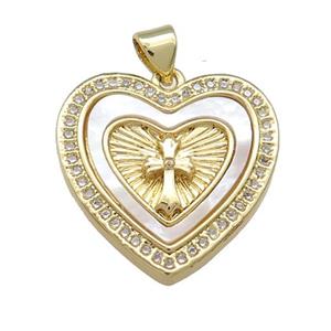 Copper Heart Pendant Pave Shell Zircon Cross 18K Gold Plated, approx 22mm