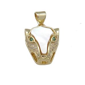 Copper Leopard Head Charms Pendant Pave Shell Zircon 18K Gold Plated, approx 14-15mm
