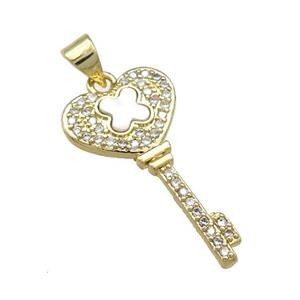 Copper Key Charms Pendant Pave Shell Zircon 18K Gold Plated, approx 14-26mm