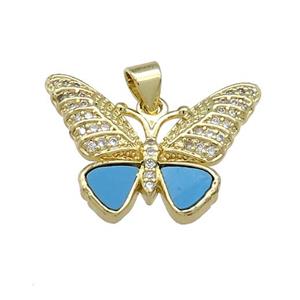 Copper Butterfly Pendant Pave Blue Shell Zircon 18K Gold Plated, approx 19-24mm