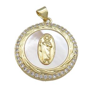 Copper Circle Pendant Pave Shell Zircon Jesus 18K Gold Plated, approx 25mm