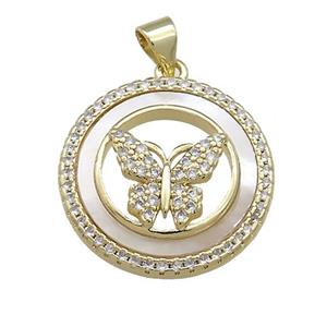 Copper Circle Pendant Pave Shell Zircon Butterfly 18K Gold Plated, approx 21mm
